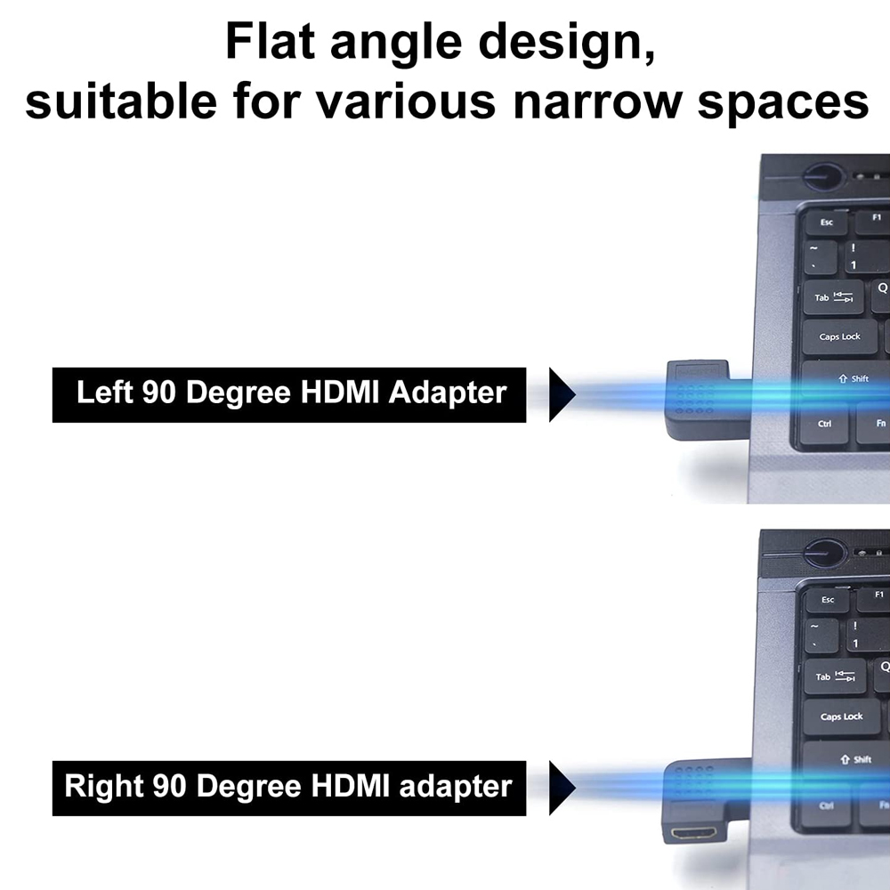 Zwei 90-Grad-HDMI-Adapter sind mit Laptops verbunden. Text beschreibt das Winkeldessign für enge Räume. Labels zeigen links und rechts.