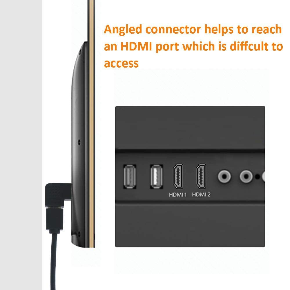 Ein abgewinkelter HDMI-Anschluss ist an einen Fernseher angeschlossen. Der Text besagt, dass er hilft, einen schwer zugänglichen Anschluss zu erreichen.