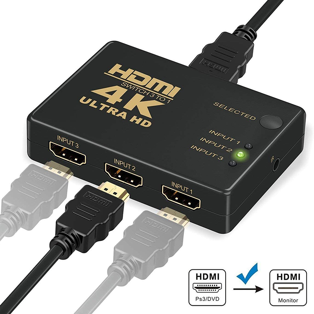 Schwarzer HDMI-Switch mit drei Eingängen und einem Ausgang, beschriftet mit 4K Ultra HD. Kabel sind angeschlossen. HDMI-Logos und ein Häkchen sind vorhanden.
