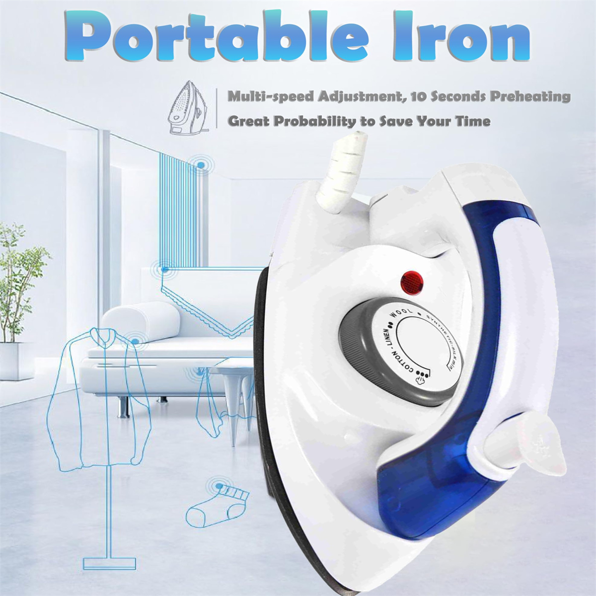 Ein weißes und blaues Bügeleisen mit einem Drehregler und einem roten Licht. Der Text oben lautet 'Portable Iron'.