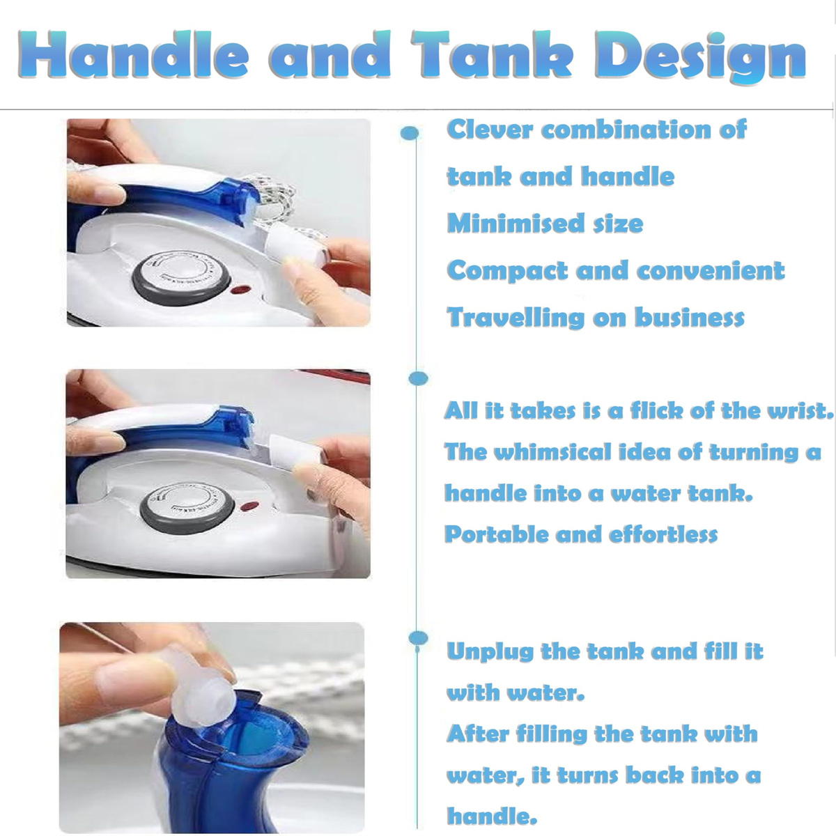 Bilder zeigen ein Griff- und Tankdesign. Es zeigt ein Bügeleisen mit abnehmbarem Wassertank. Text hebt das clevere Design hervor.