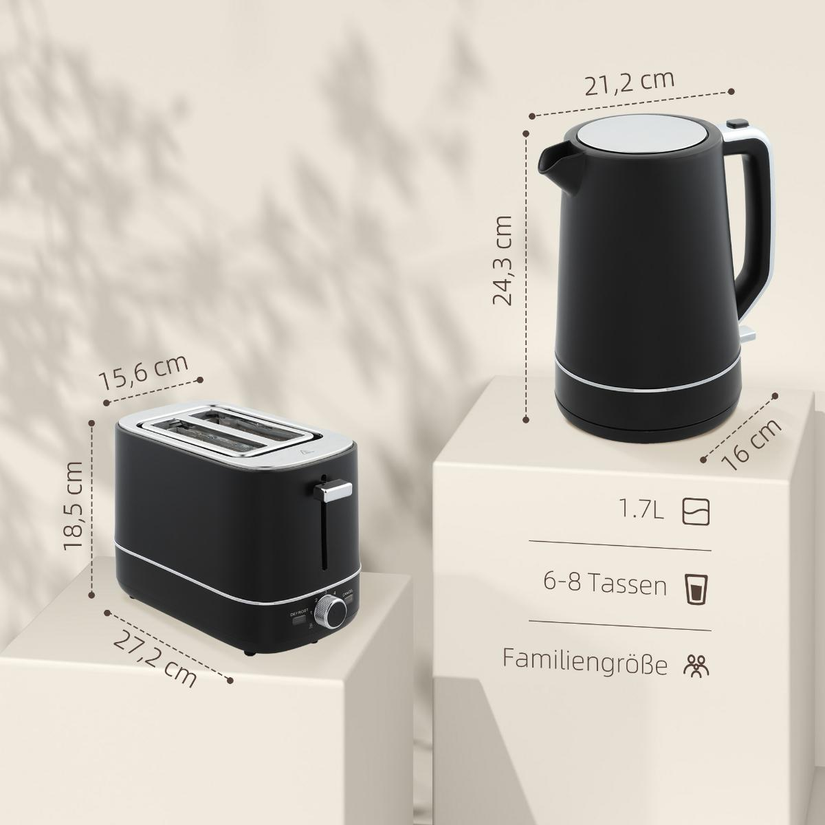Schwarzes Toaster- und Wasserkocher-Set auf weißen Podesten. Abmessungen sind beschriftet. Hintergrund ist eine neutrale Wand mit Schatten.