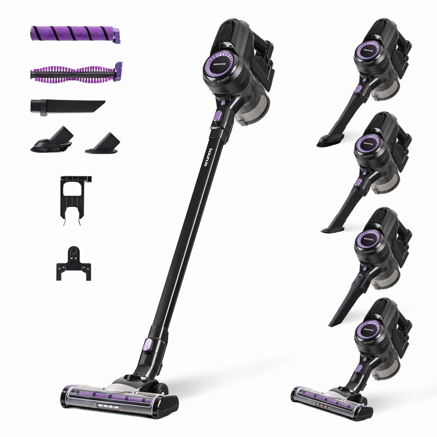 Un aspirapolvere Taurus nero e viola, con vari accessori. Sono mostrate diverse angolazioni. Parti aggiuntive visualizzate a sinistra.