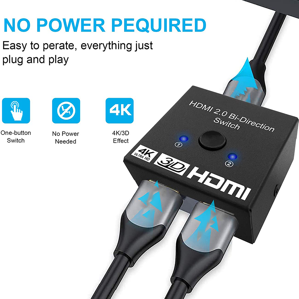 Ein schwarzer HDMI-Switch mit eingesteckten Kabeln. Es gibt Text mit den Wörtern '4K', '3D' und 'HDMI'.