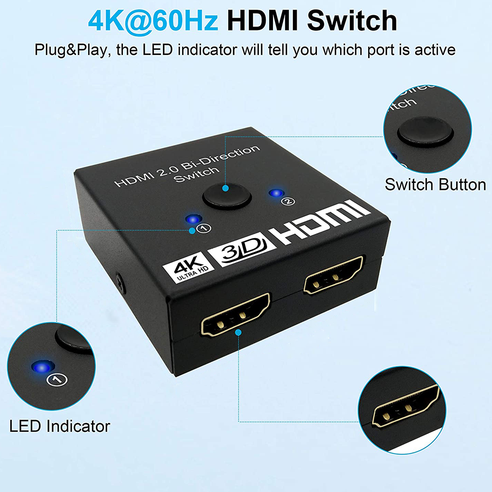 Schwarzer HDMI-Switch mit Anschlüssen, Tasten und LED-Anzeigen. Text: '4K@60Hz HDMI Switch', 'HDMI 2.0 Bi-Direction Switch'.