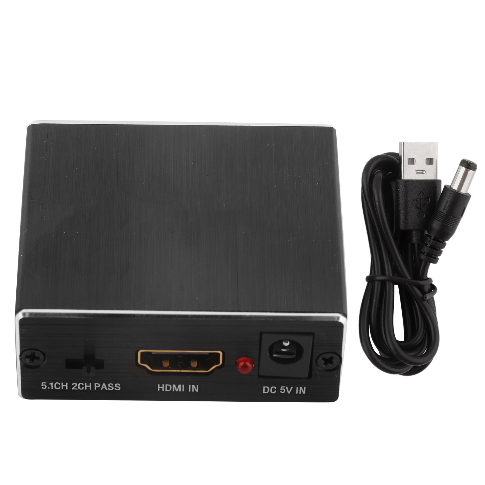 Schwarzer HDMI-Konverter mit USB-Kabel und DC-Stromeingang. Hat HDMI-Eingang, Stromeingang und eine rote Betriebsanzeige.