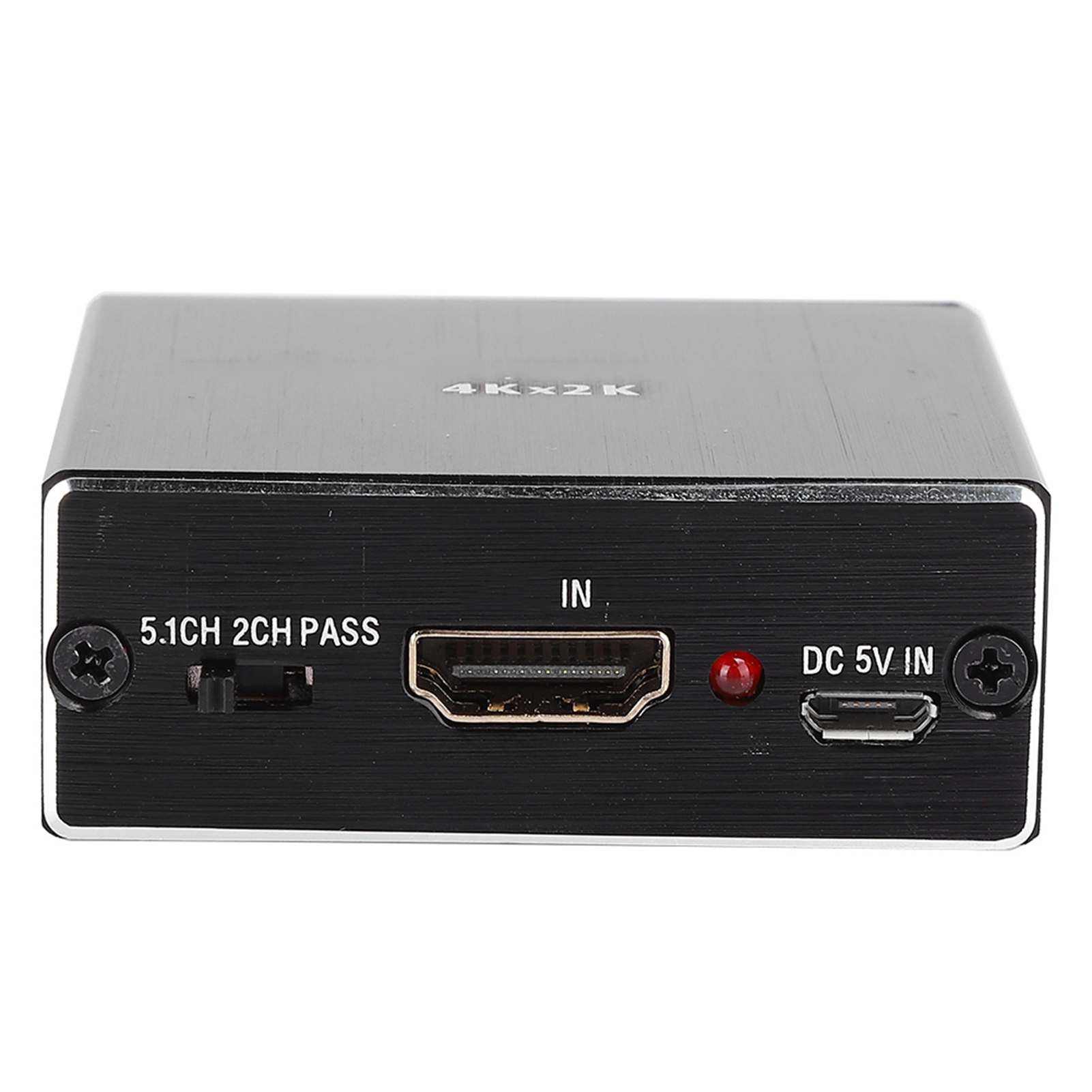 Schwarzes HDMI-Gerät mit Eingängen, einem roten Licht und Text. Oben steht 4Kx2K. Das Gerät ist rechteckig.
