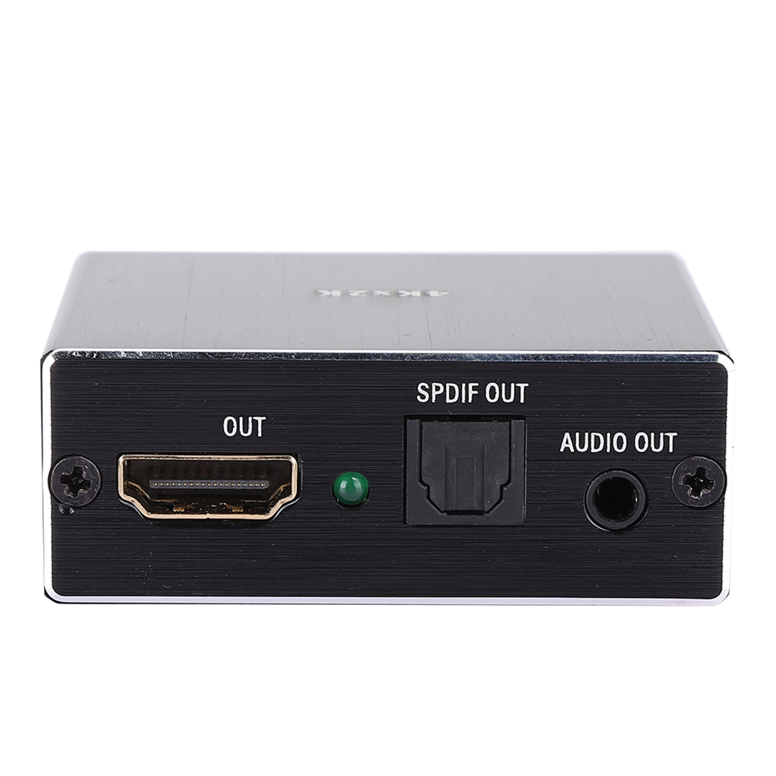 Schwarzes Gerät mit HDMI-, SPDIF- und Audioausgängen. Silberne Oberseite. Beschriftet mit 'OUT', 'SPDIF OUT' und 'AUDIO OUT'.