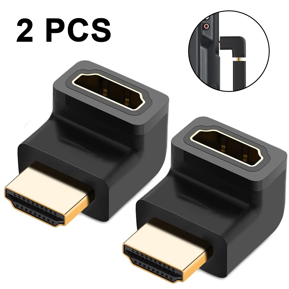Zwei schwarze HDMI-Adapter mit goldfarbenen Anschlüssen. Eine kleine Abbildung zeigt einen Adapter, der an ein Gerät angeschlossen ist.