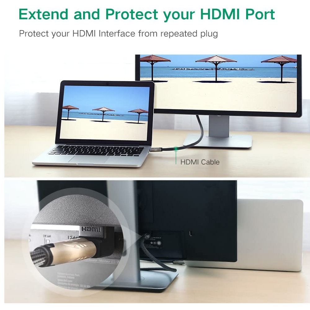Das Bild zeigt einen Laptop und einen Monitor, die über ein HDMI-Kabel verbunden sind. Der Monitor zeigt eine Strandszene. Nahaufnahme der HDMI-Kabelverbindung.