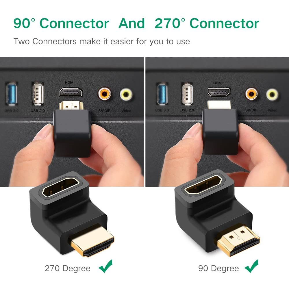 Das Bild zeigt HDMI-Anschlüsse, 90 und 270 Grad. Im Hintergrund sind USB- und Videoanschlüsse zu sehen.