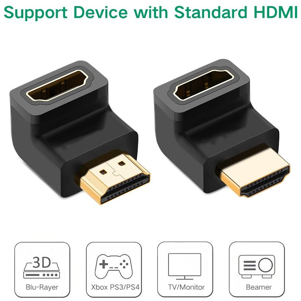 Zwei schwarze HDMI-Adapter mit goldenen Anschlüssen. Darunter befinden sich Symbole für Blu-ray, Xbox, TV/Monitor und Beamer.