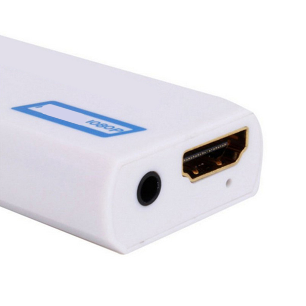 Ein weißes, rechteckiges Gerät mit HDMI-Anschluss und einem schwarzen Audioanschluss. Es gibt ein blaues Etikett mit '1080P'.