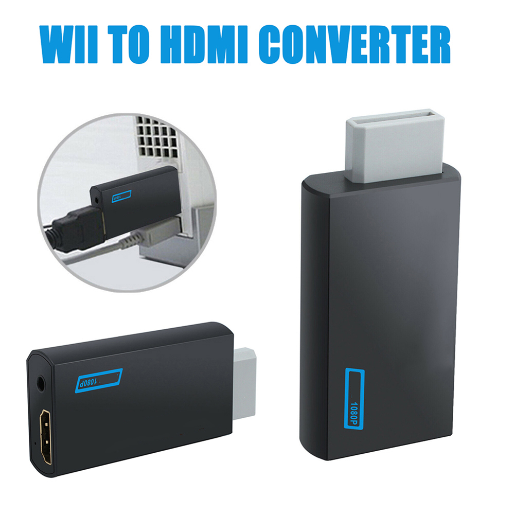 Das Bild zeigt einen schwarzen Wii-zu-HDMI-Konverter mit einem weißen Anschluss. Der Text oben lautet 'WII TO HDMI CONVERTER'.