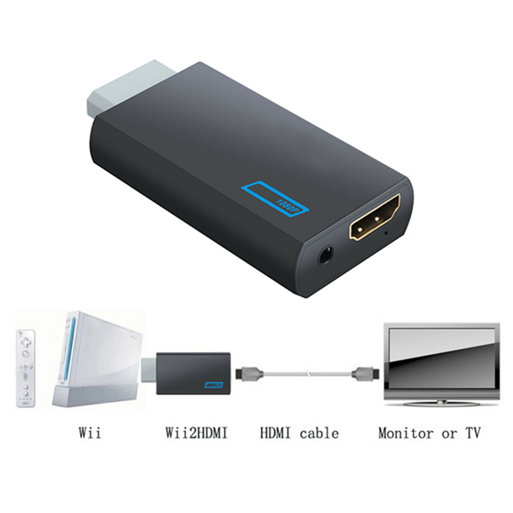 Schwarzer Wii2HDMI-Adapter mit blauem 1080p-Etikett. Zeigt die Verbindung zu einer Wii-Konsole, einem HDMI-Kabel und einem Fernseher.