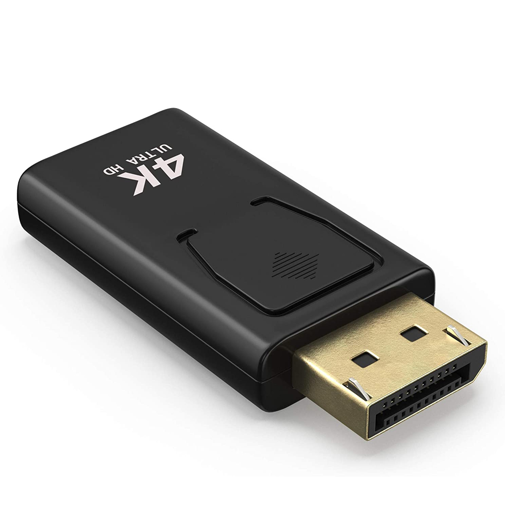 Ein schwarzer 4K Ultra HD Adapter mit goldfarbenem Stecker auf weißem Hintergrund. Es ist ein DisplayPort-zu-HDMI-Adapter.