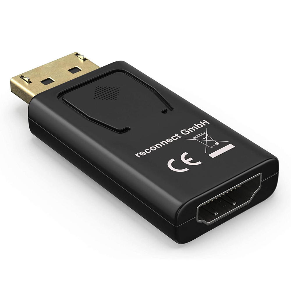 Ein schwarzer HDMI-zu-DisplayPort-Adapter mit einem goldfarbenen DisplayPort-Anschluss. Das Gerät hat weißen Text und Symbole.