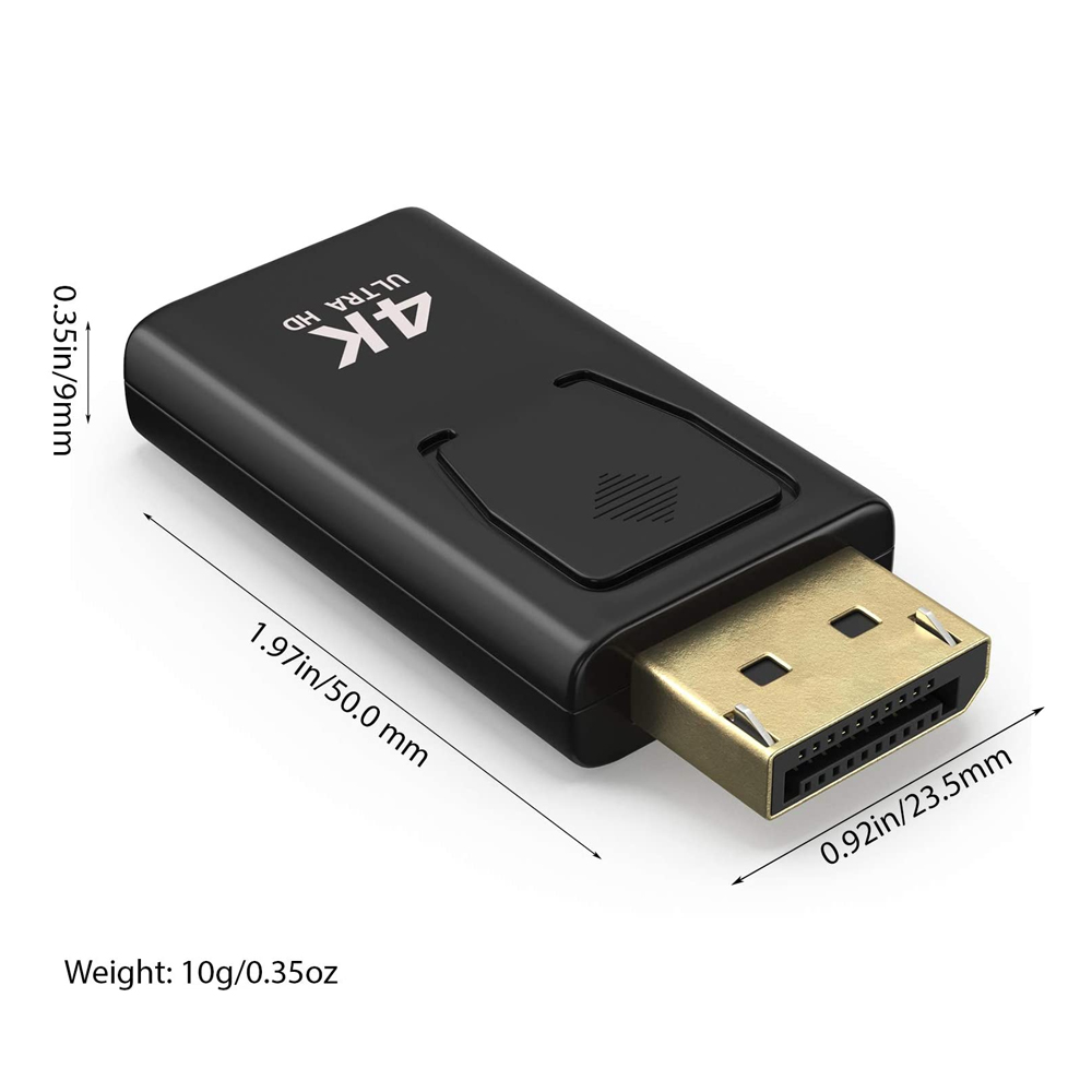 Ein schwarzer 4K Ultra HD Adapter mit goldfarbenem Stecker, Abmessungen beschriftet, auf weißem Hintergrund. Gewicht: 10g.