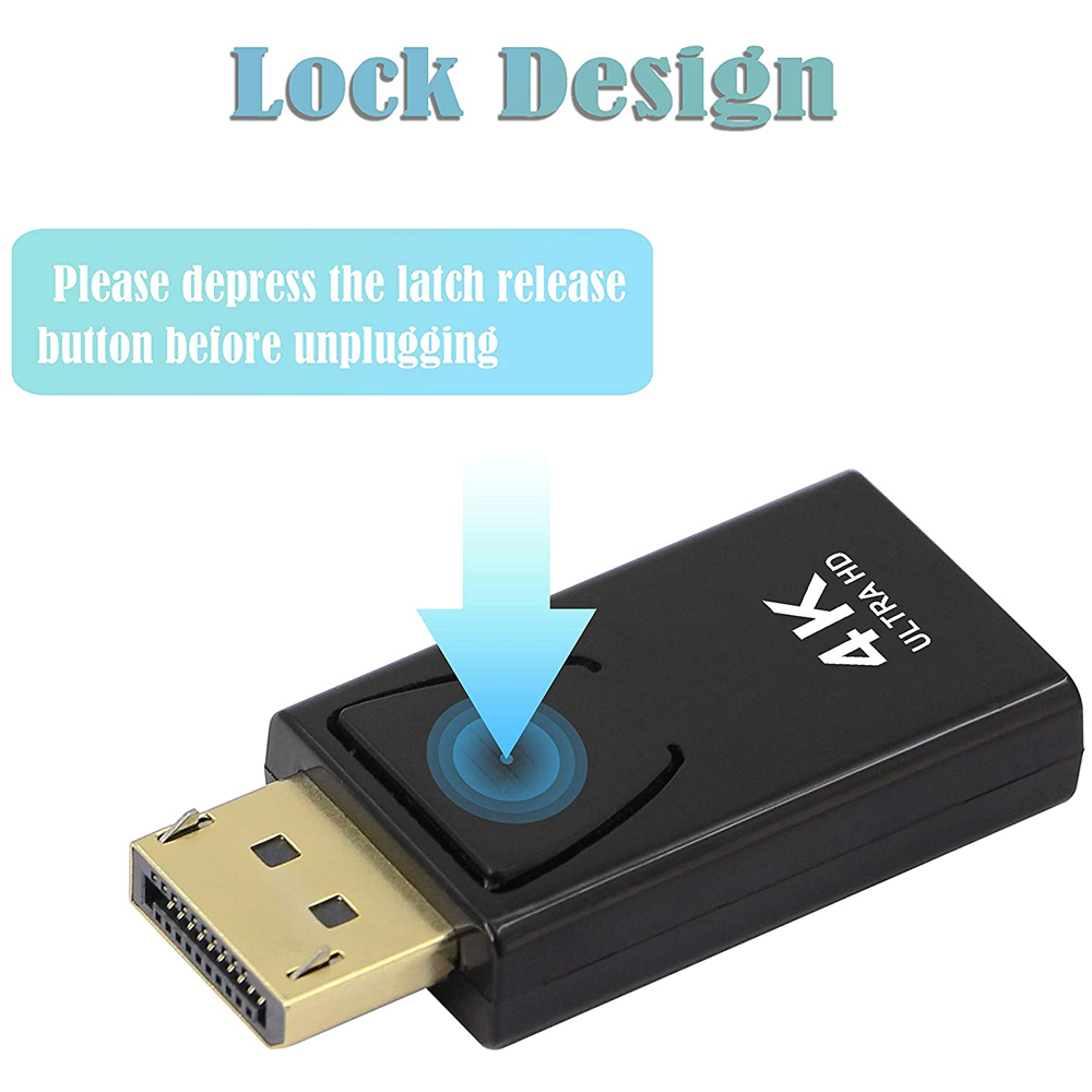 Schwarzer 4K Ultra HD Adapter mit Goldstecker. Anweisungen oben: 'Bitte drücken Sie vor dem Abziehen die Verriegelungstaste'.