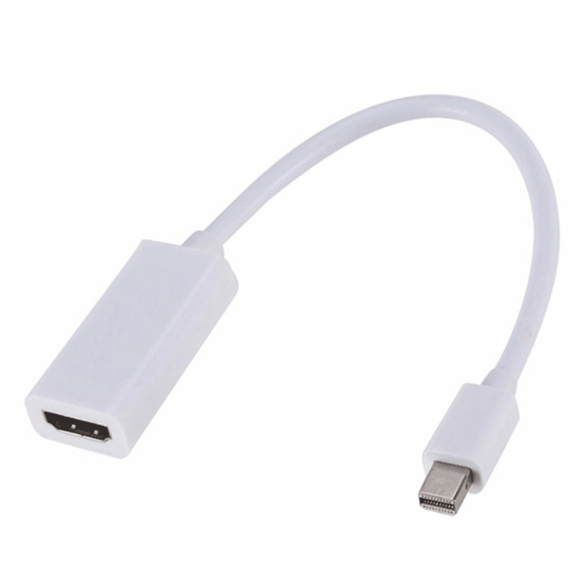 Weißes Adapterkabel mit einem HDMI-Anschluss an einem Ende und einem Mini-DisplayPort am anderen Ende. Das Kabel ist weiß.