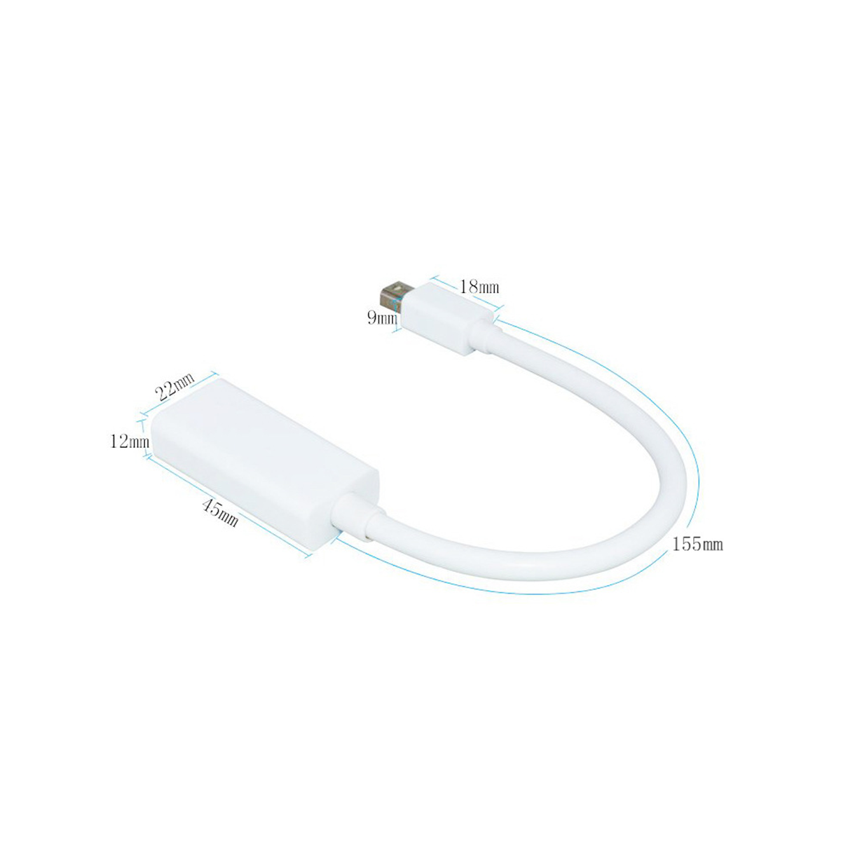 Ein weißes Adapterkabel mit einem kleinen Stecker, einem rechteckigen Kasten und einem gebogenen Kabel, mit Maßangaben in mm.