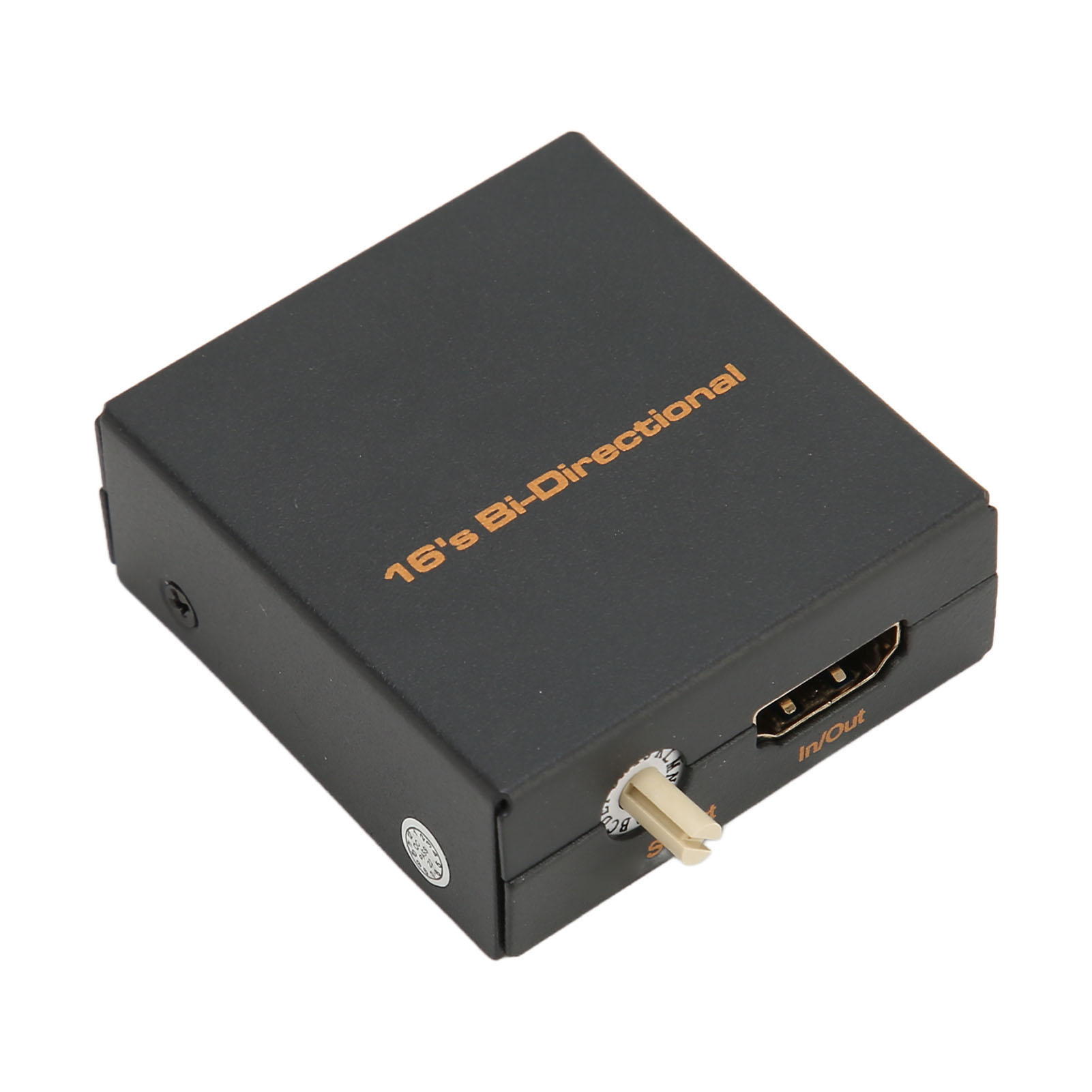 Ein schwarzes Bi-Directional-Gerät mit HDMI-Anschluss, Drehknopf und goldenem Text. Auf weißem Hintergrund isoliert.