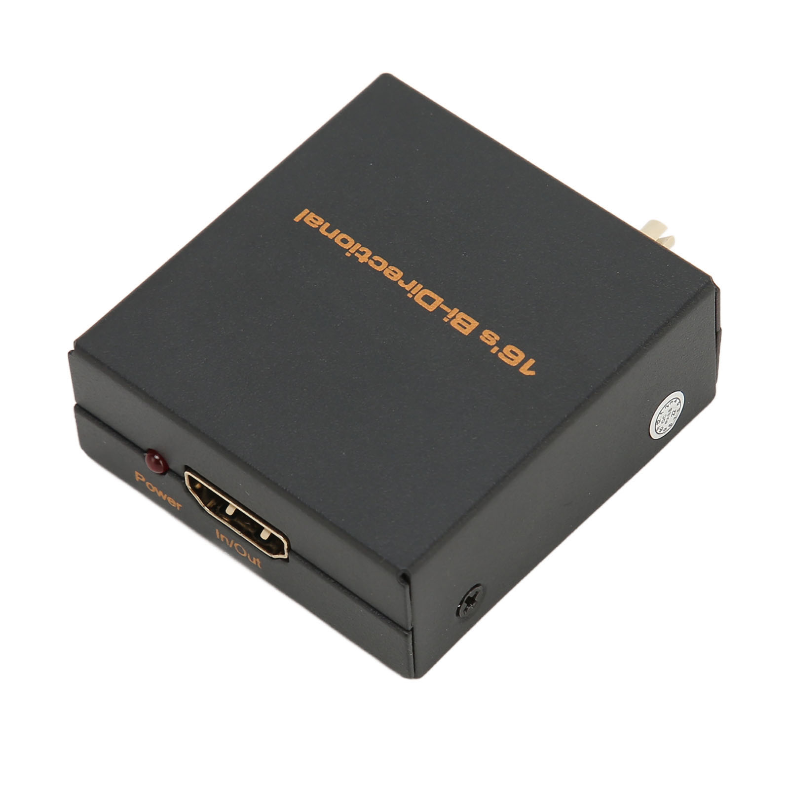 Schwarzer HDMI-Adapter mit Text '16's Bi-Directional', Betriebsanzeige und In/Out-Anschluss. Weißer Hintergrund.