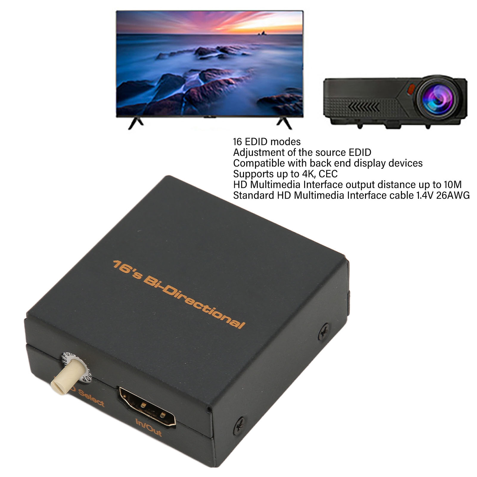 Schwarze Box mit Text '16's Bi-Directional', HDMI-Anschluss und Auswahltaste, plus Fernseher und Projektor.