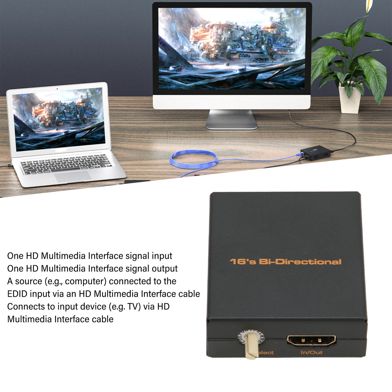 Setup mit Laptop, Display und einem schwarzen Gerät mit der Aufschrift '16's Bi-Directional'. Kabel verbinden Geräte.