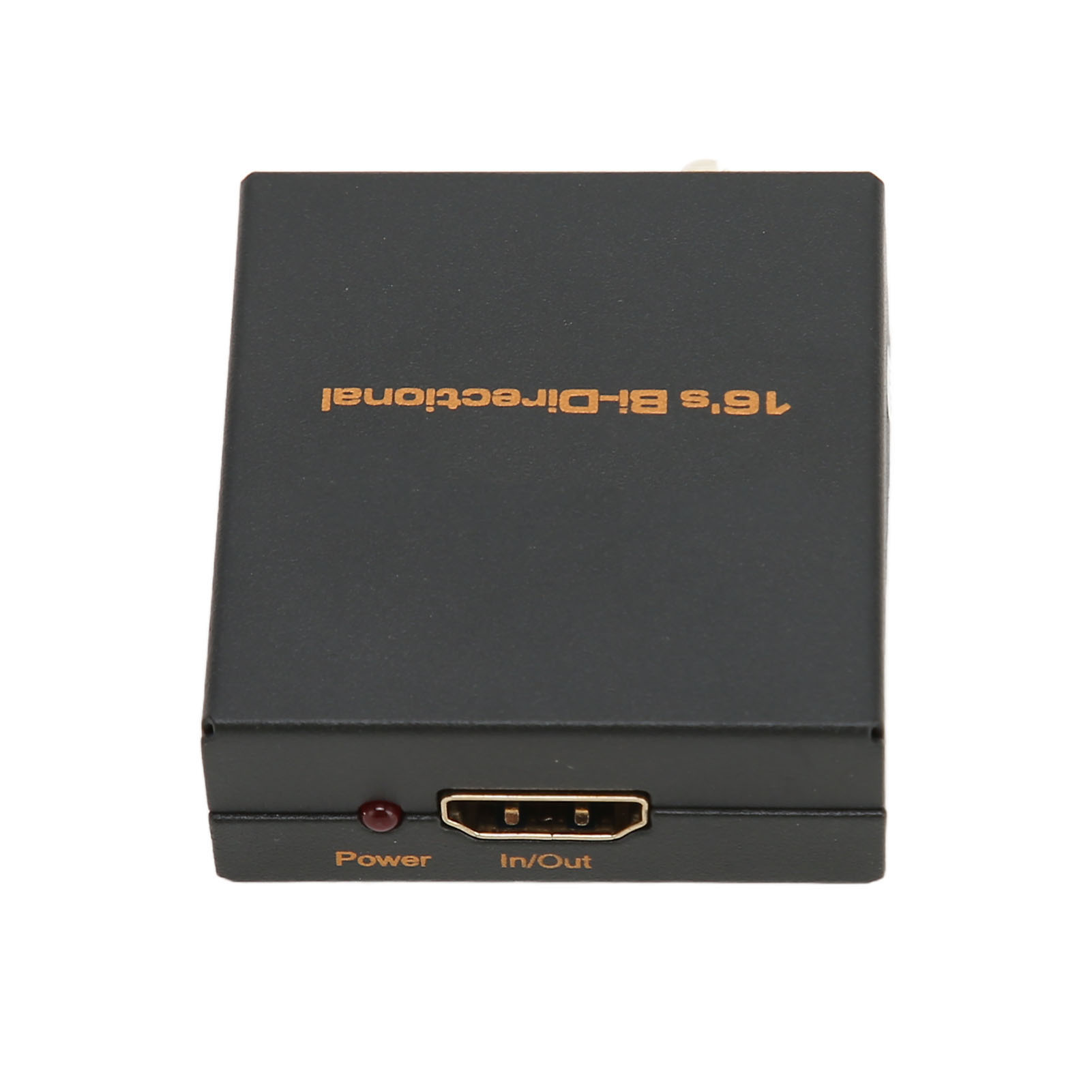 Ein schwarzes 16's Bi-Directional HDMI-Gerät. Es hat eine Betriebsanzeige, einen HDMI-Anschluss mit der Aufschrift 'In/Out' und weißen Hintergrund.