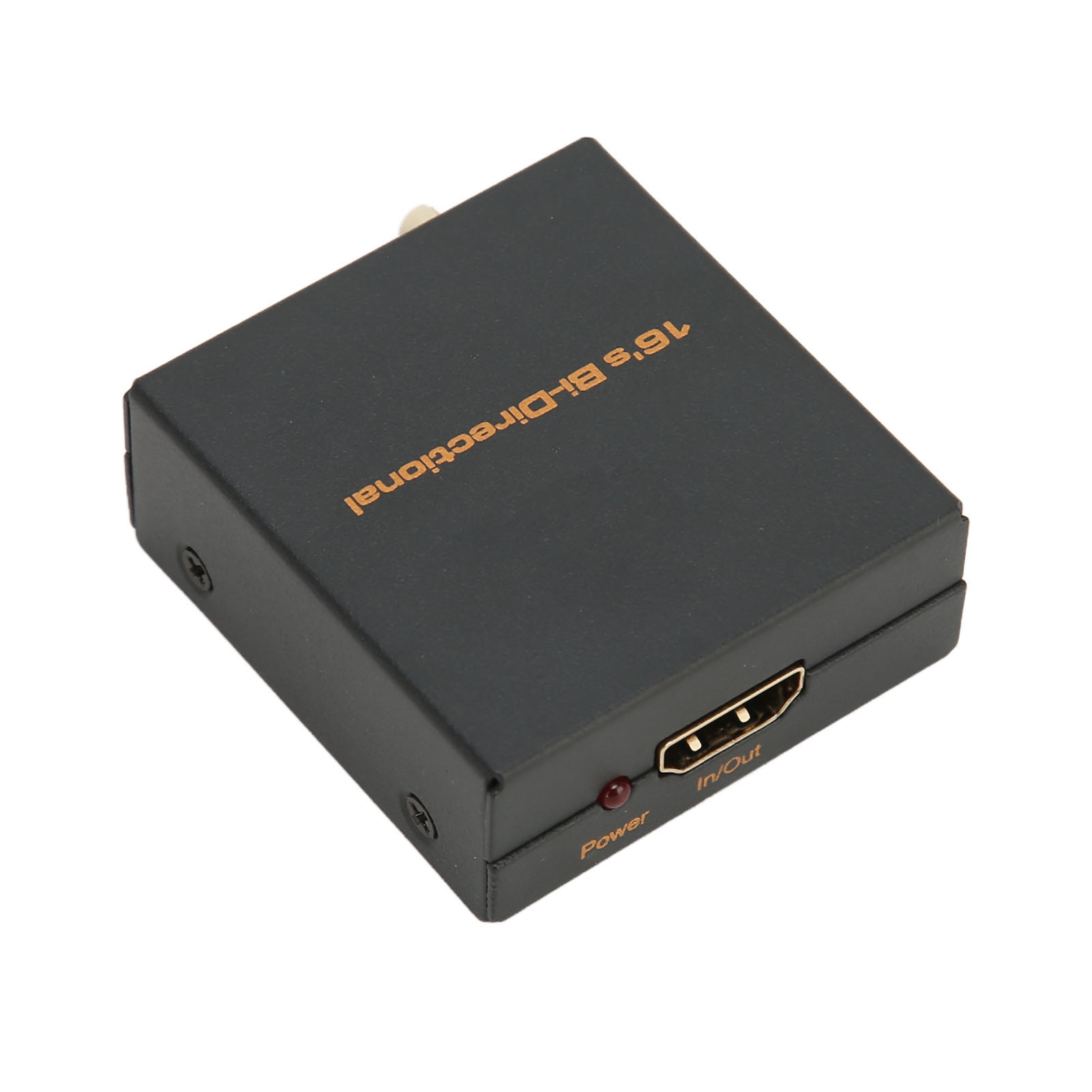 Schwarzer HDMI-Bidirektionalwandler mit goldfarbenem Text und Anschluss. In/Out-Anschluss, Betriebsanzeige und weißer Hintergrund.