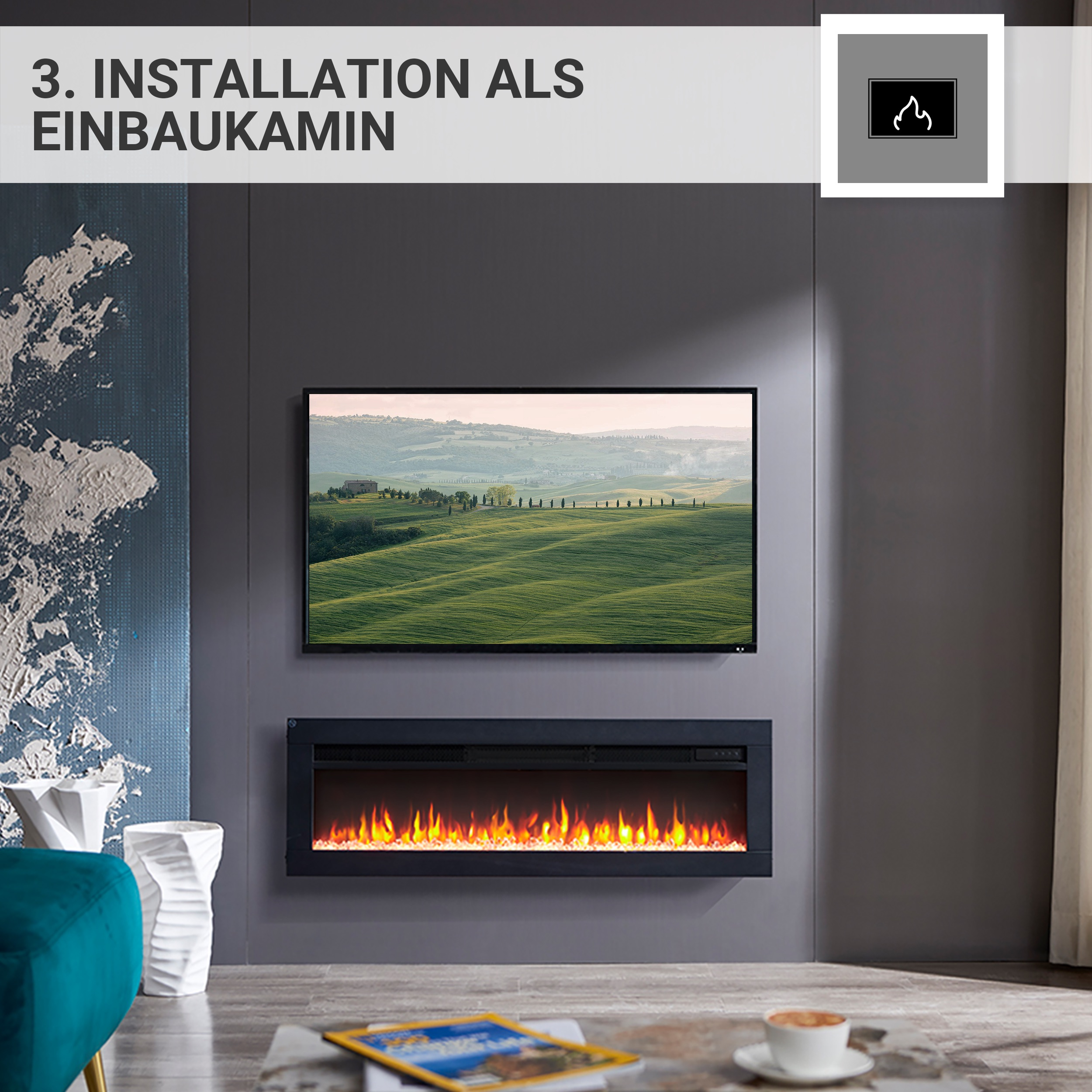 Modernes Wohnzimmer mit Kamin, Fernseher und Dekor. Flammen im Kamin. Eine Landschaftsmalerei befindet sich auf dem Fernseher.