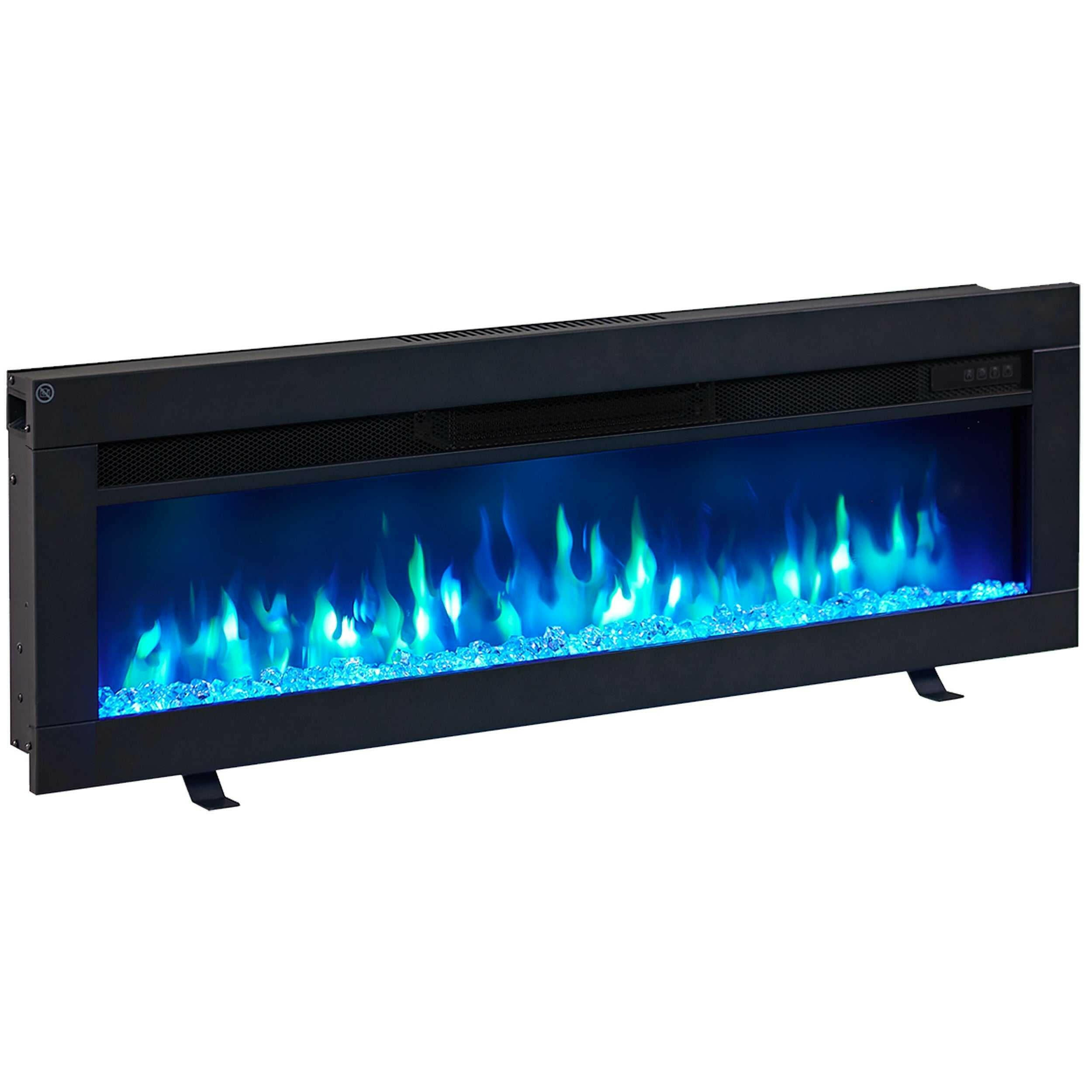 Ein schwarzer Elektrokamin mit blauem und grünem Flammeneffekt, Glaskristallen und einem schwarzen Metallrahmen.