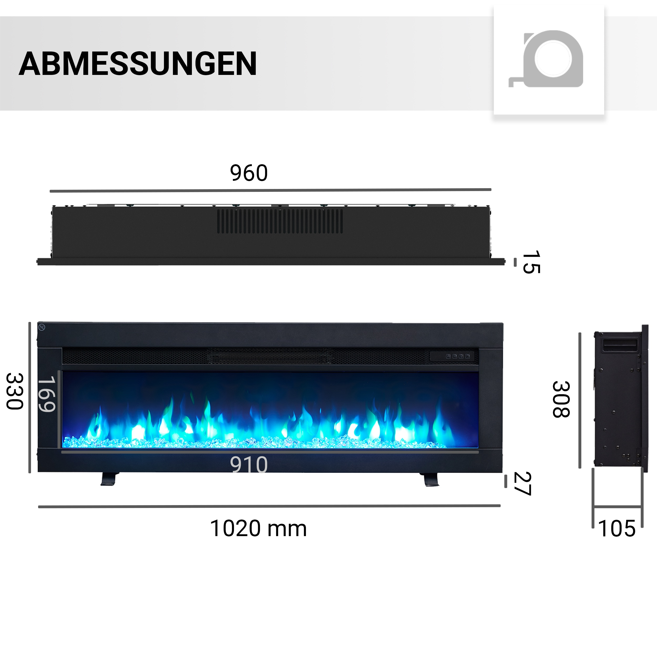 Elektrischer Kamin mit Abmessungen. Es hat einen schwarzen Rahmen, blaue Flammen und eine Maßillustration.