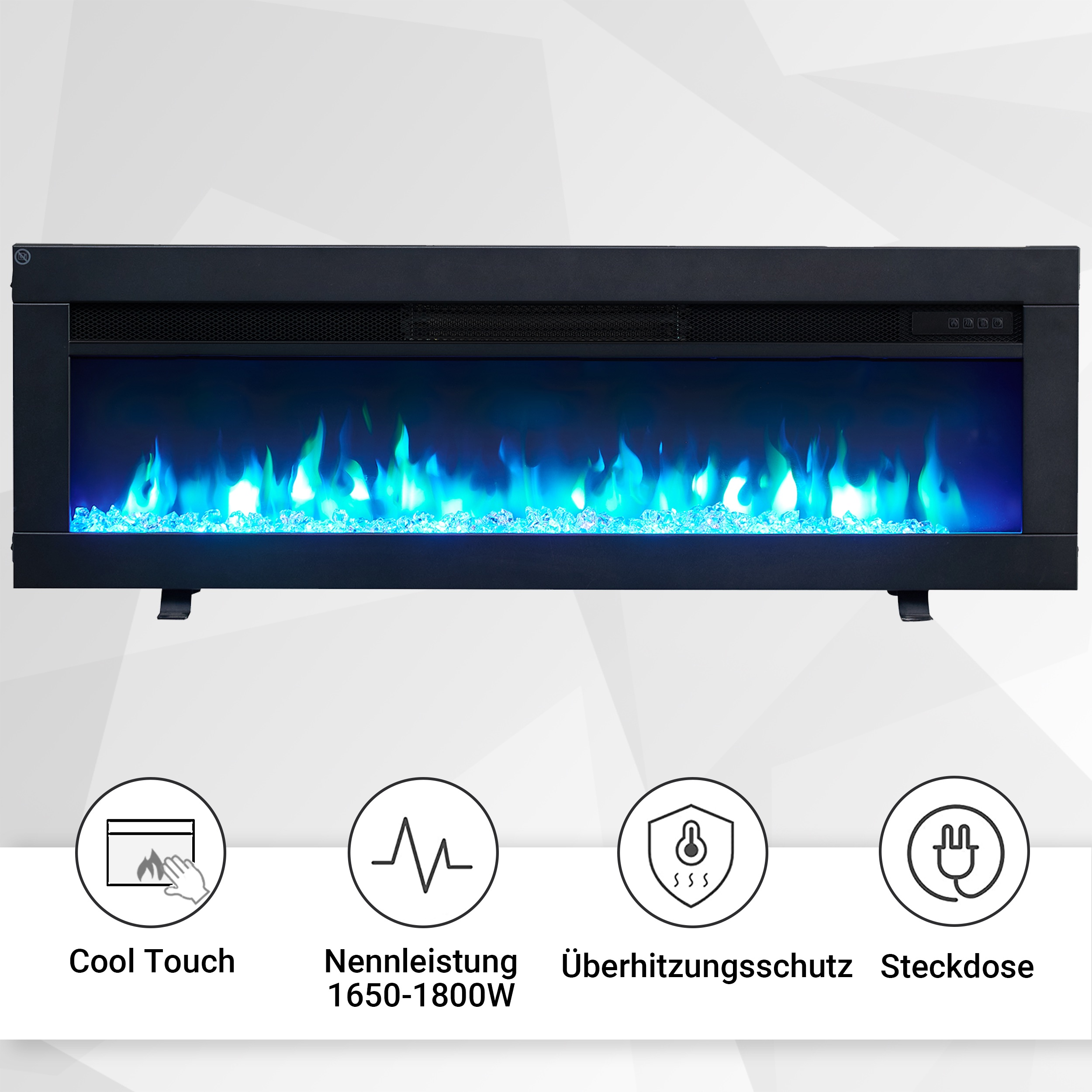 Ein elektrischer Kamin mit blauen Flammen und eisartigen Kristallen. Icons zeigen Cool Touch, Leistung, Überhitzungsschutz und Stecker.
