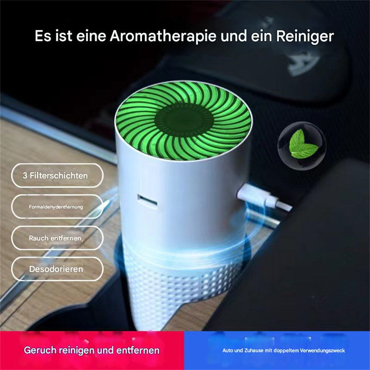 Ein weißer Luftreiniger mit grünem Licht oben, in einem Getränkehalter im Auto. Etiketten erwähnen Filter, Formaldehyd, Rauch und Geruch.