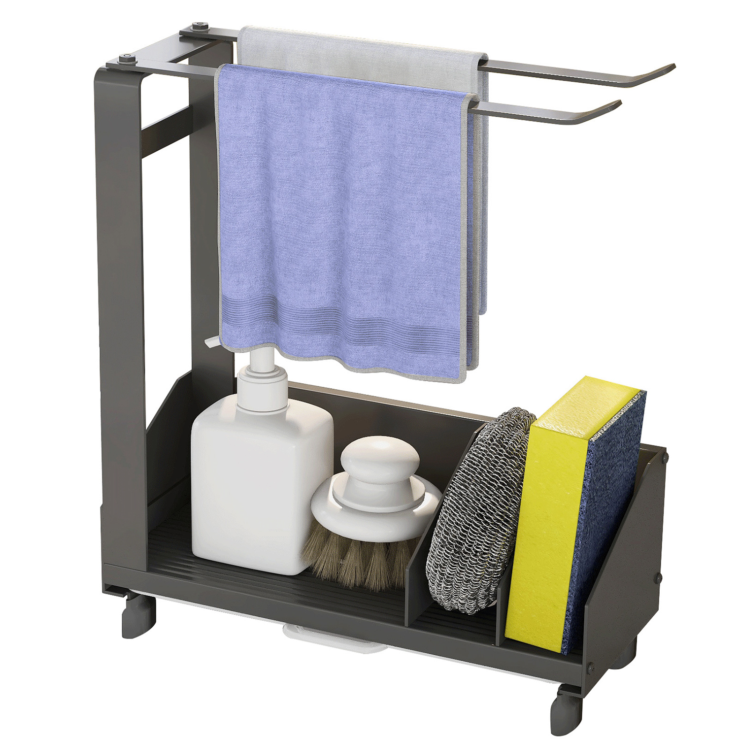 Ein grauer Küchenorganizer aus Metall mit Spender, Bürste, Schwamm und Geschirrtüchern. Er hat eine Halterung für Handtücher.