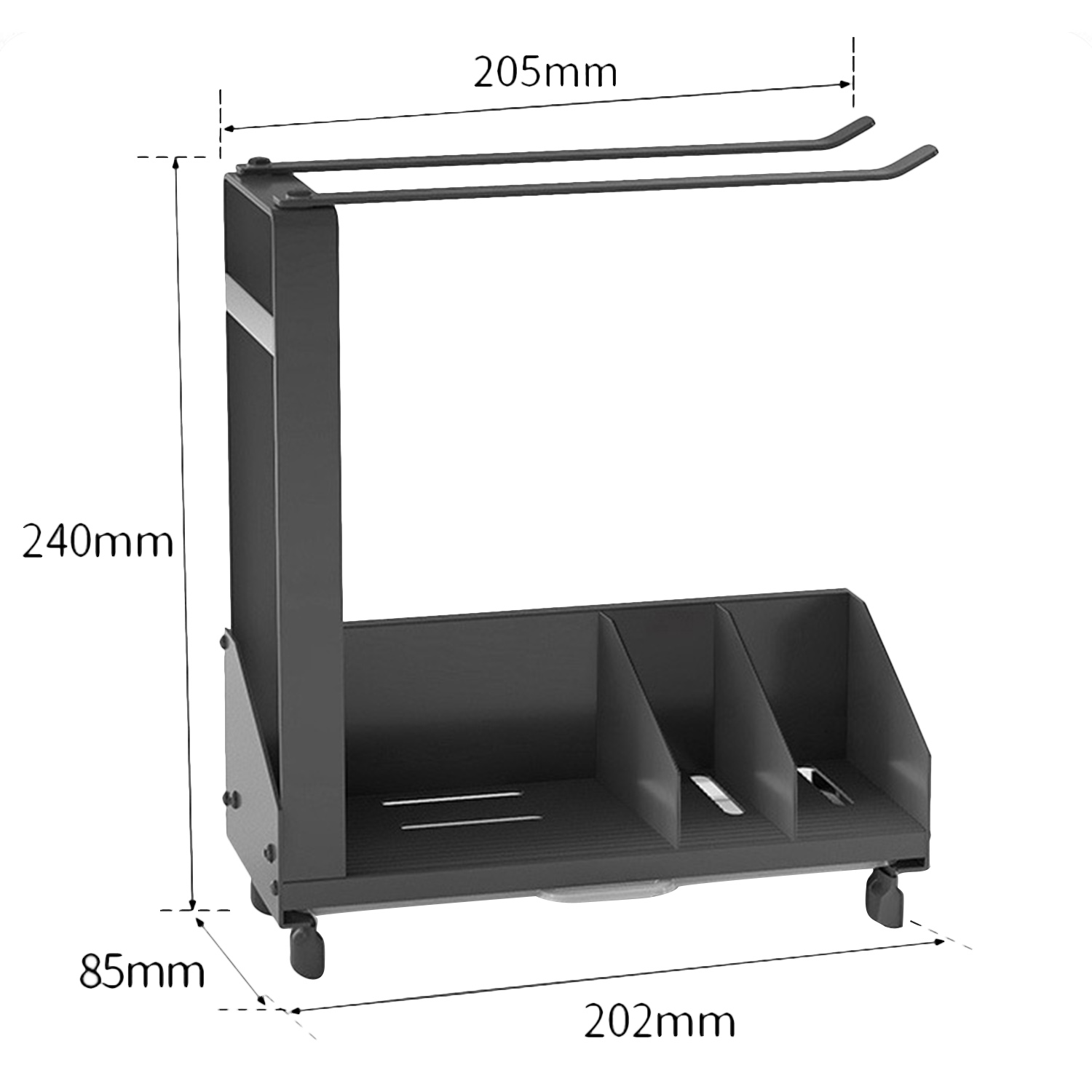 Schwarzer Metall-Aufbewahrungsorganisator mit zwei Haken, mehreren Fächern und Rädern. Abmessungen: 205 mm x 240 mm x 85 mm x 202 mm.