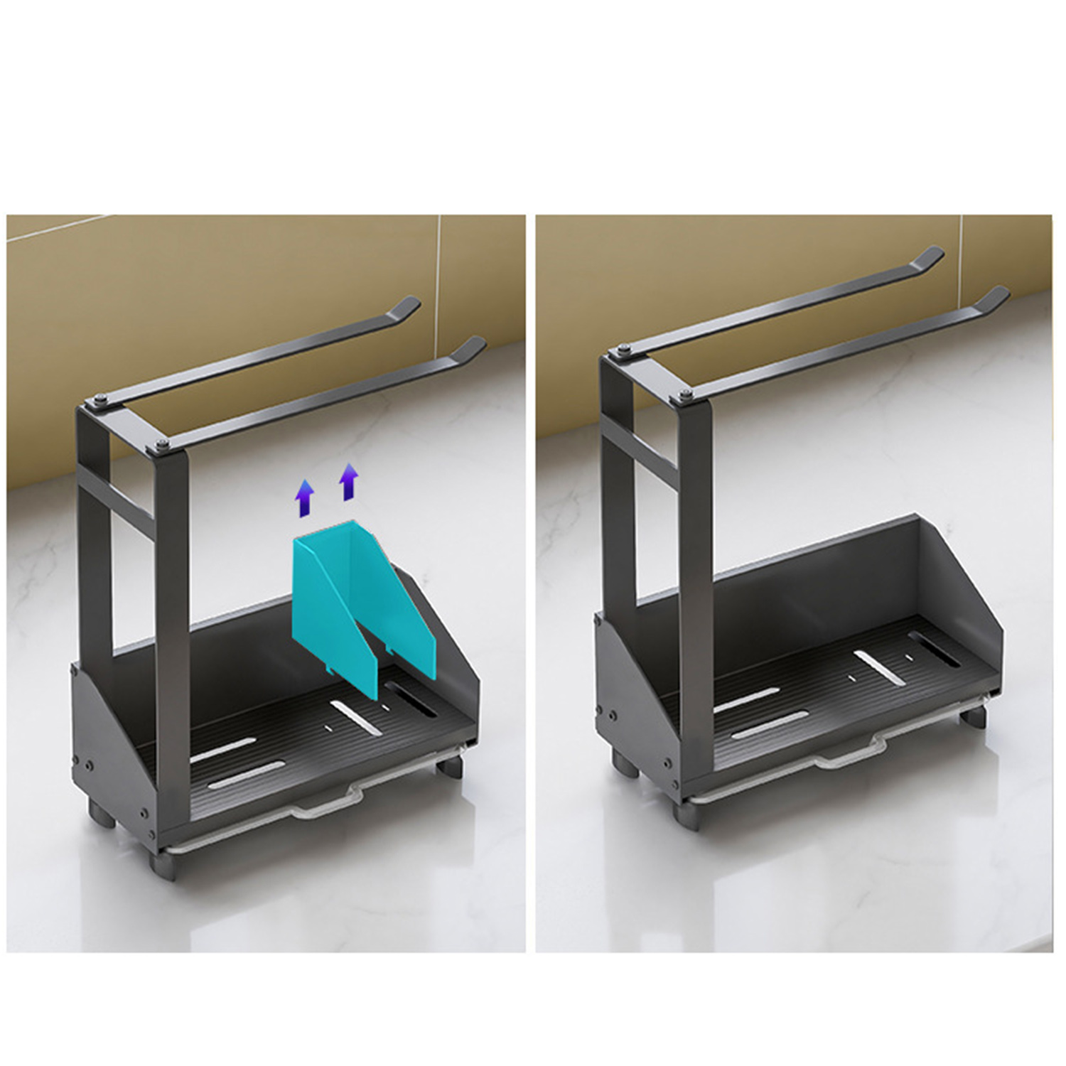 Ein schwarzer Küchenorganisator aus Metall. Er hat ein oberes Gestell für Handtücher und ein unteres Regal. Ein blaues Teil wird eingesetzt.