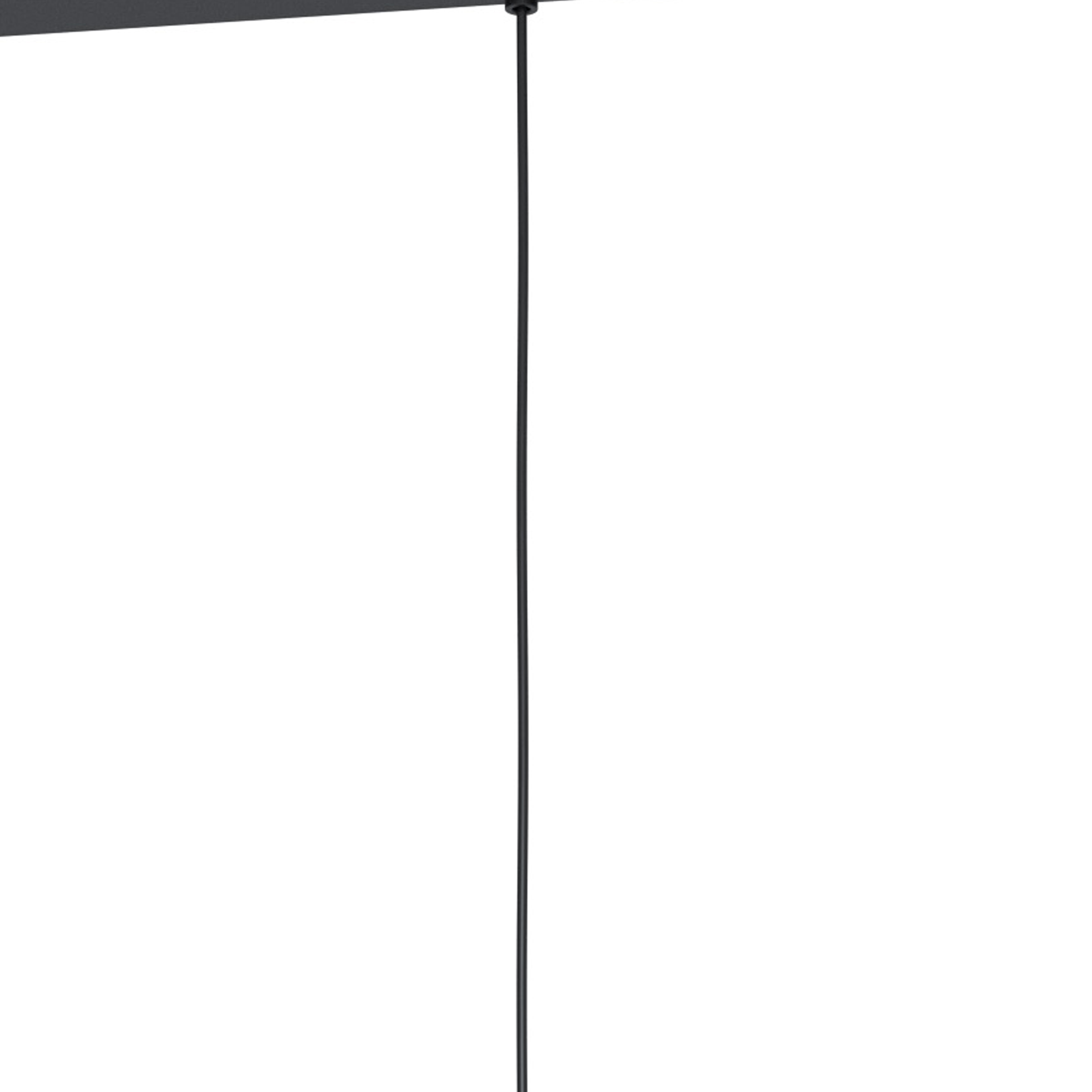 Ein schwarzes Kabel hängt von einer dunklen Deckenleuchte. Der Hintergrund ist weiß.
