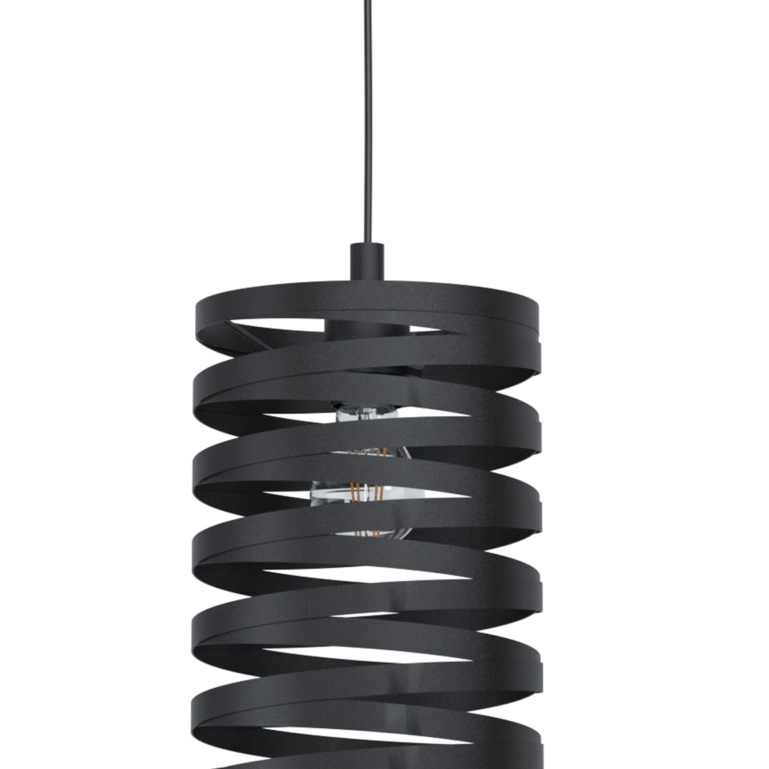 Eine schwarze Pendelleuchte in Spiralform hängt von der Decke. Im Inneren ist eine Glühbirne sichtbar.