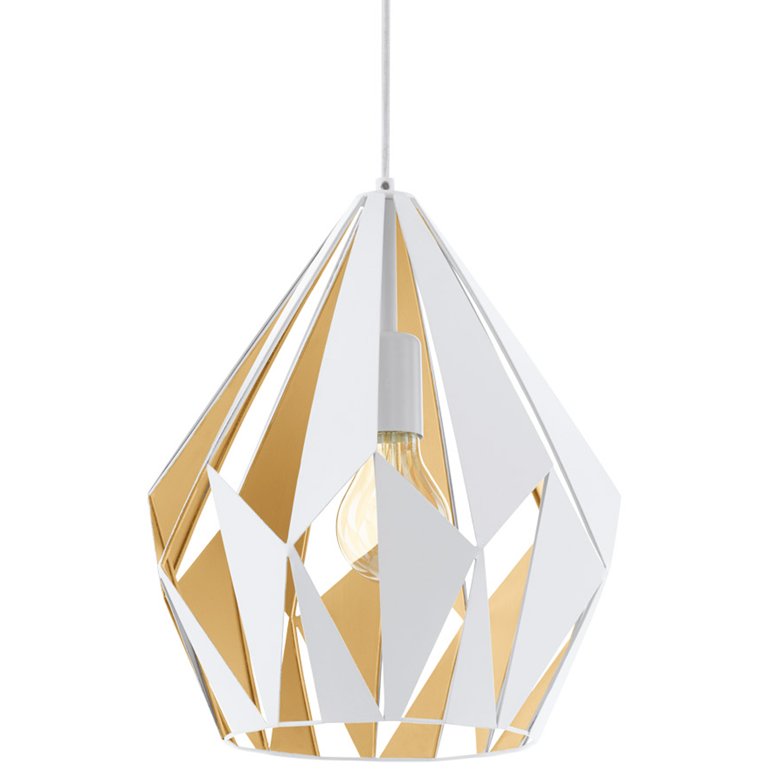 Una lampada a sospensione geometrica bianca e dorata è sospesa da un cavo bianco su sfondo bianco, con una lampadina all'interno.