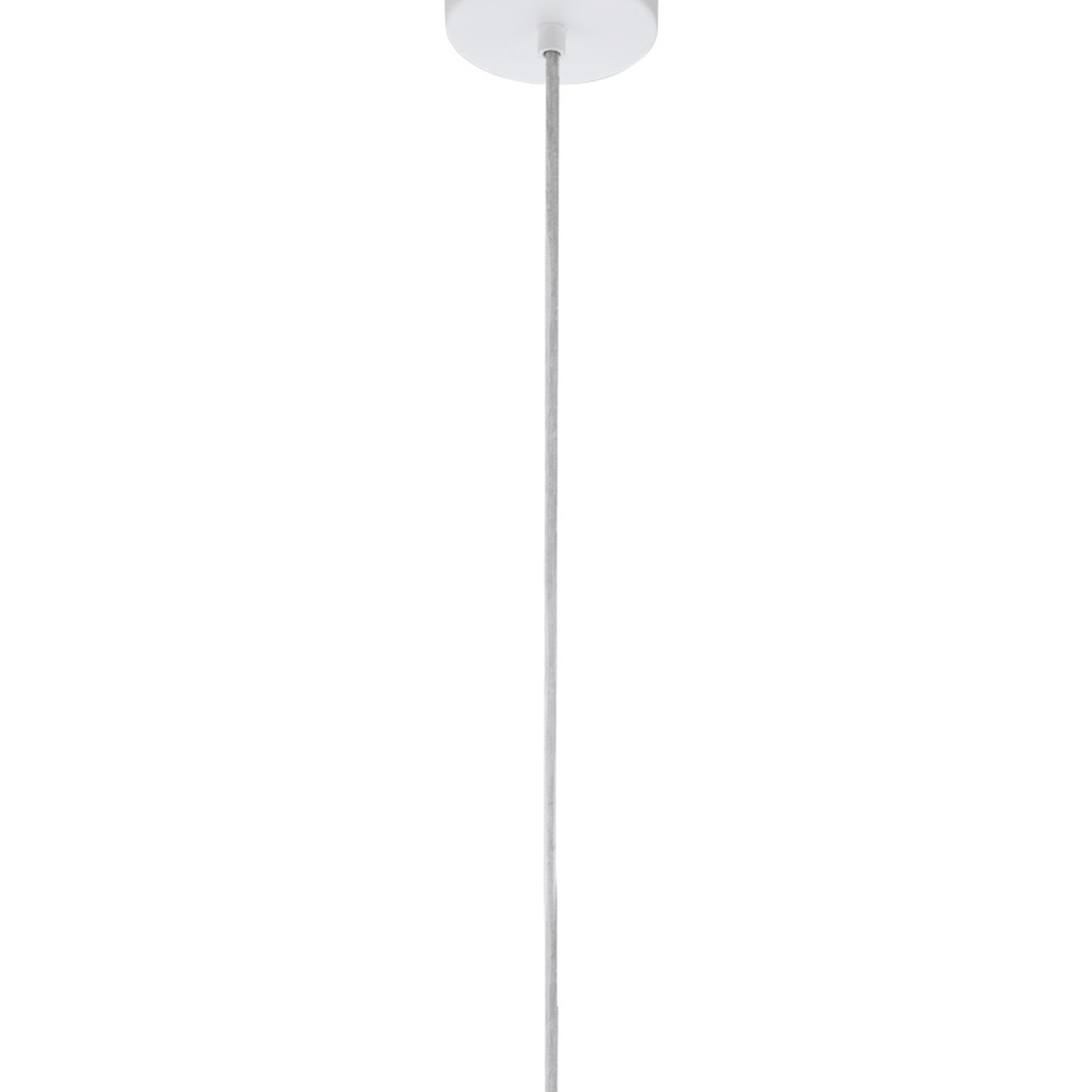 Un apparecchio a soffitto bianco con un cavo grigio appeso. Lo sfondo è bianco.