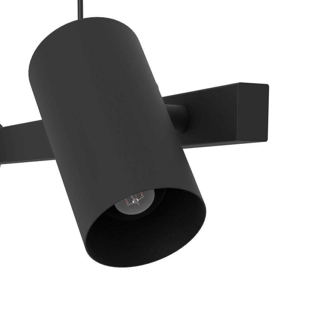 Eine schwarze Strahler-Leuchte mit zylindrischem Kopf und sichtbarer Glühbirne. Die Leuchte ist an einem rechteckigen Arm befestigt.