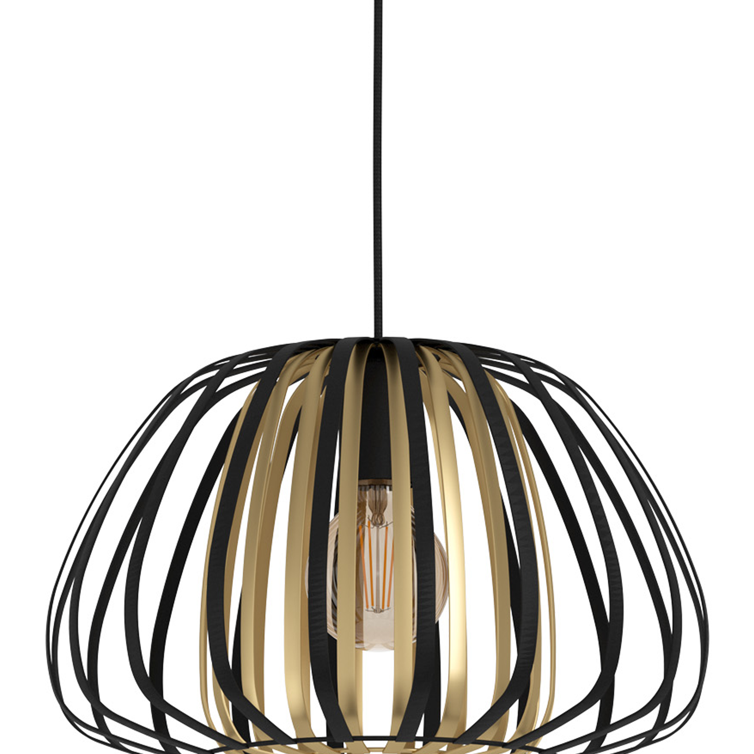 Eine Pendelleuchte mit schwarzem und goldenem Käfigdesign, die eine Glühbirne hält, hängt an einem schwarzen Kabel vor weißem Hintergrund.