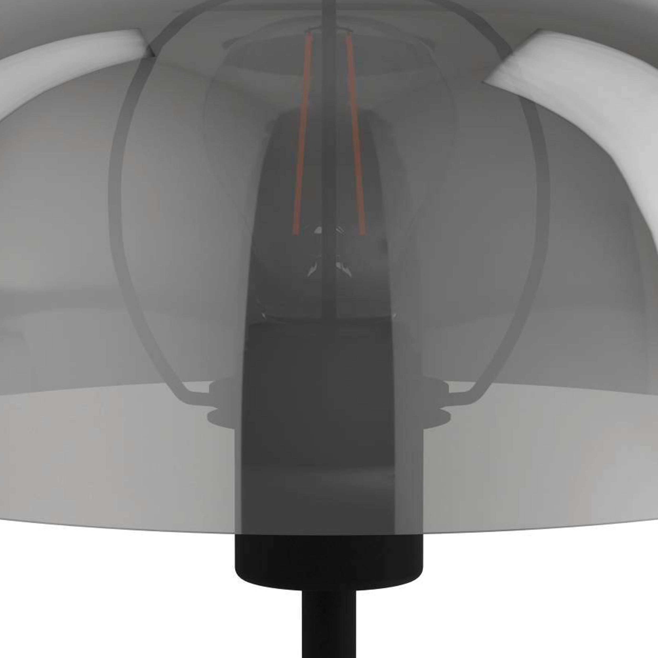 Eine Lampe mit grauem Glasschirm und schwarzem Sockel. Die Glühbirnenfilamente haben rote Akzente. Der Hintergrund ist weiß.