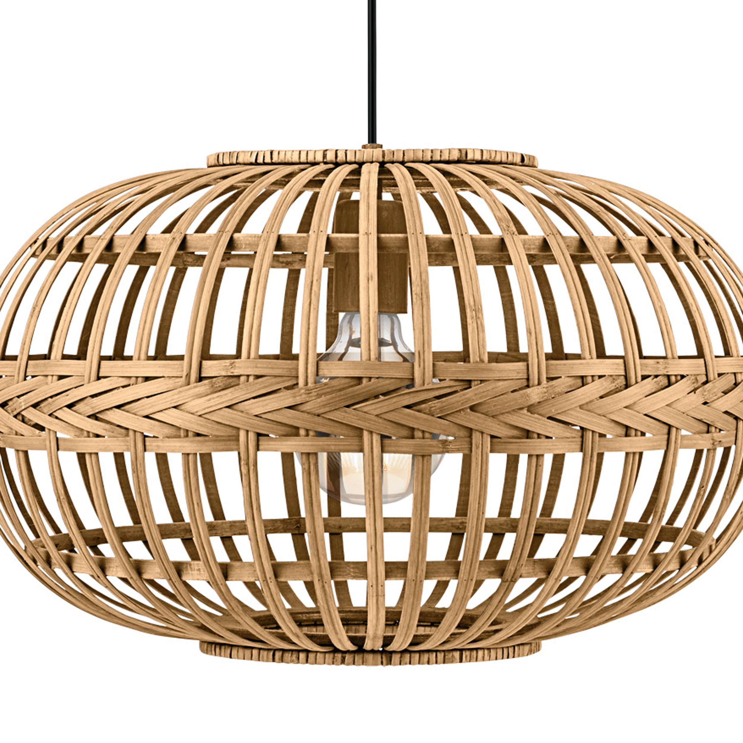 Tkany rattanowy żyrandol. Ma owalny kształt z widoczną żarówką w środku. Tło jest białe.