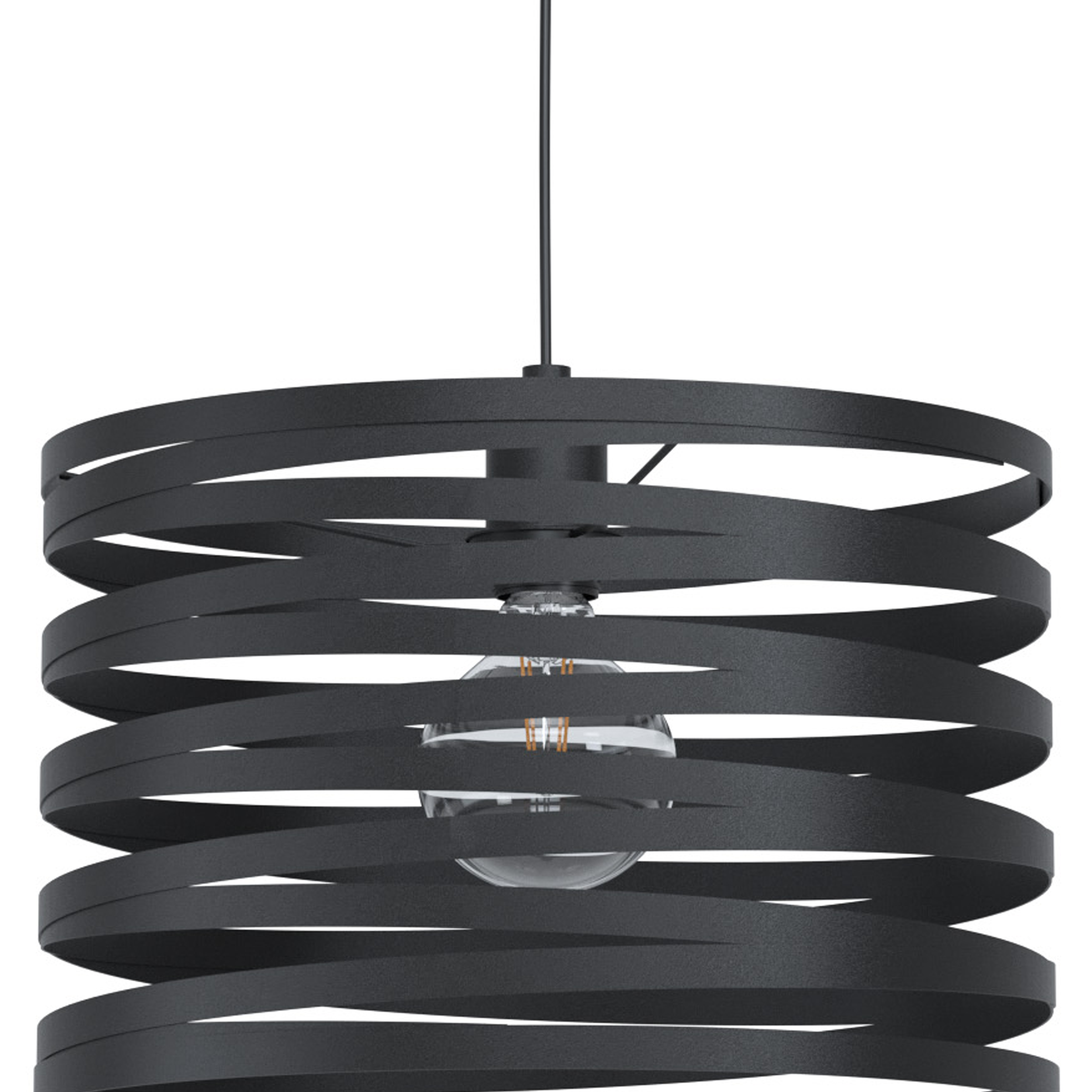 Eine schwarze Pendelleuchte mit Spirale und sichtbarer Glühbirne, die von einer weißen Decke hängt.