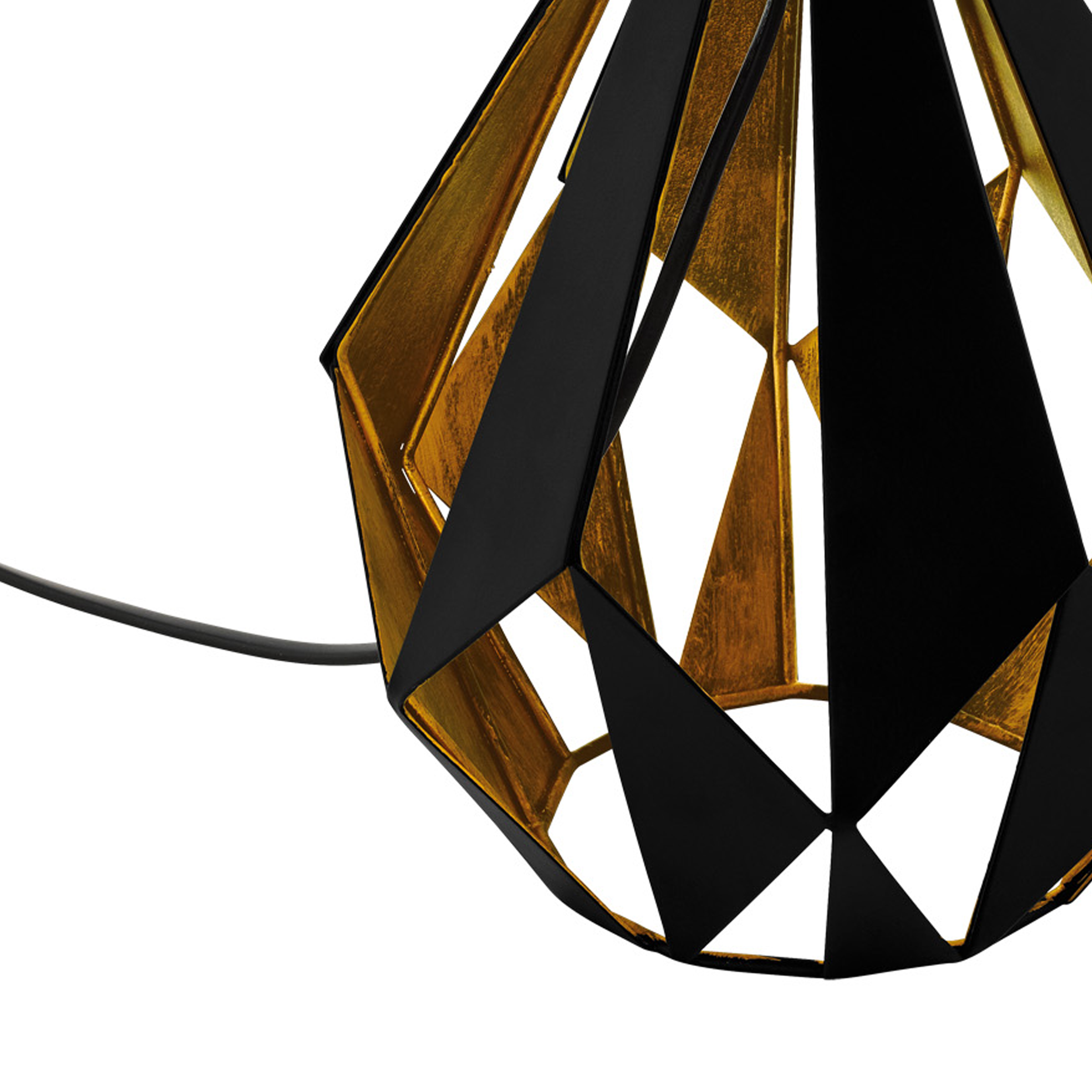 Geometrische schwarze und goldene Pendelleuchte mit Kabel, isoliert auf Weiß.