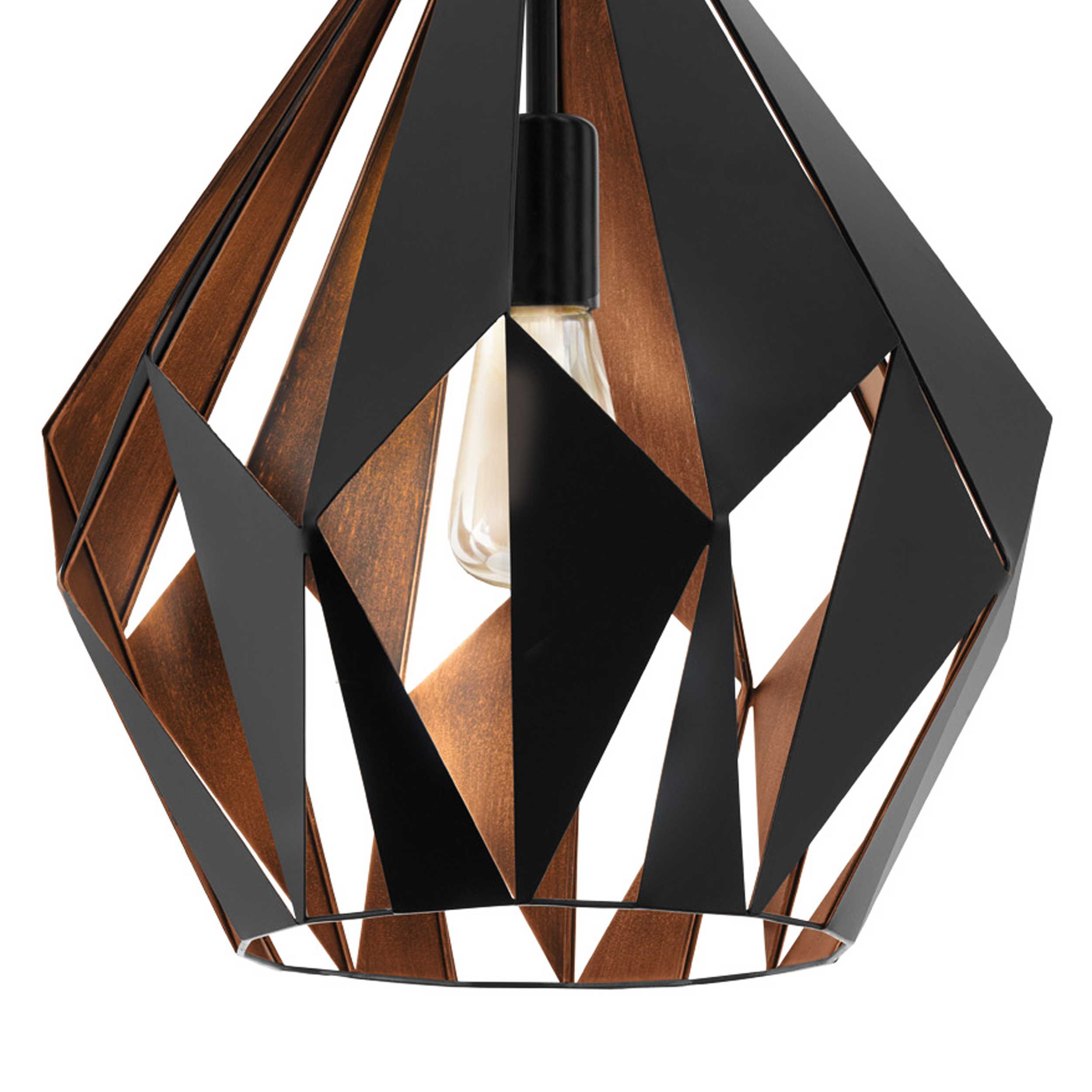 Lampada a sospensione geometrica. Design in metallo nero e rame con lampadina al centro, isolata su sfondo bianco.